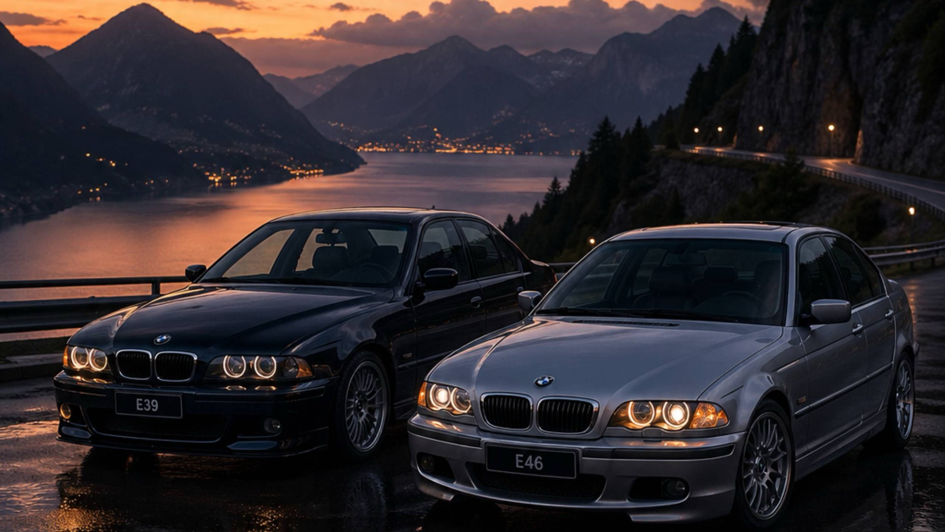 BMW E39 and E46 at sunset by mountain lake